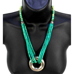 Vintage 22" necklace green wooden & stone beads with 2" silver tone ring pendant